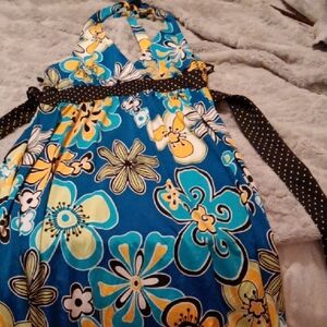 Blue Floral Halter Dress with Polka Dot Sash